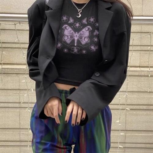 Art Aesthetic Butterfly Flower Print Short Crop Top 90s Streetwear Harajuku Summer 2000s Vintage E-Girls Casual Slim Y2K T-Shirt