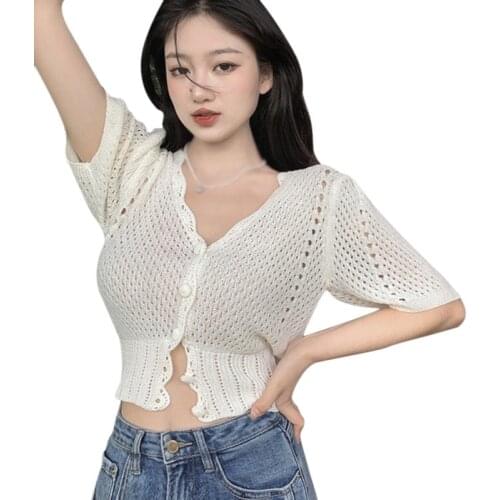 Daxin Womens V-neck Hollow Out Button Tshirt Short Section Female Crop Top Ladies Shirt Knitted Short Sleeved Tee Shirt