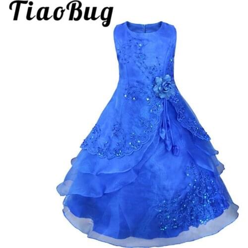 TiaoBug Kids Girls Embroidered Flower Girl Dresses Formal Princess Party Gown for Children Prom Gown Wedding Tea-Length 4-14Y