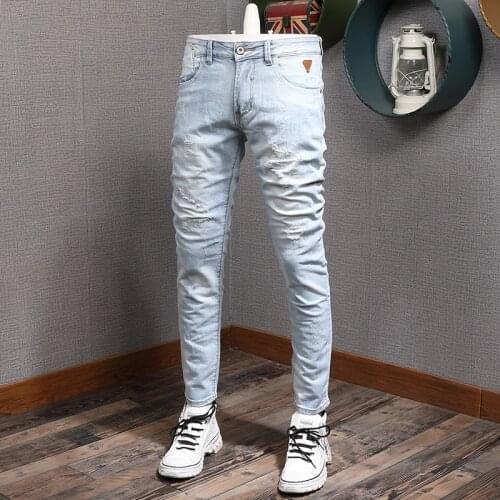 European Street Fashion Men Jeans Retro Light Blue Elastic Slim Fit Ripped Jeans Men Korean Vintage Designer Denim Pencil Pants