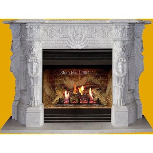 Stone fireplace mantel marble firebox surround generous American style with lion sculpture
