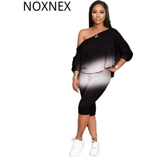 NOXNEX Gradient Print Two Piece Matching Sets Women Tracksuit One Shoulder Long Sleeve Loose Top Skinny Pant Loungewear S-4XL