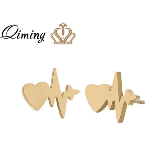 QIMING Love Heart Lightning Korean Earrings For Women Girls Little Wave Heartbeat Wholesale Jewelry Stainless Steel Earring