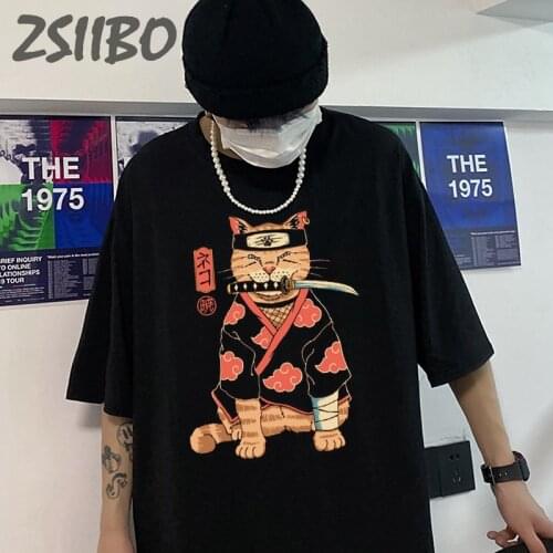 Funny Japanese Anime Samurai Cat Print Oversize Unisex Mens tshirt Short Sleeve Hip Hop Male T Shirt Streetwear Tops Harajuku