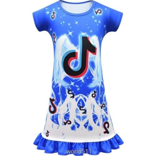 Tik Tok Girls Nightgown Ice Silk Pajamas Summer Kids Short Sleeve Nightdress Cartoon Baby Sleep Dress Homewear