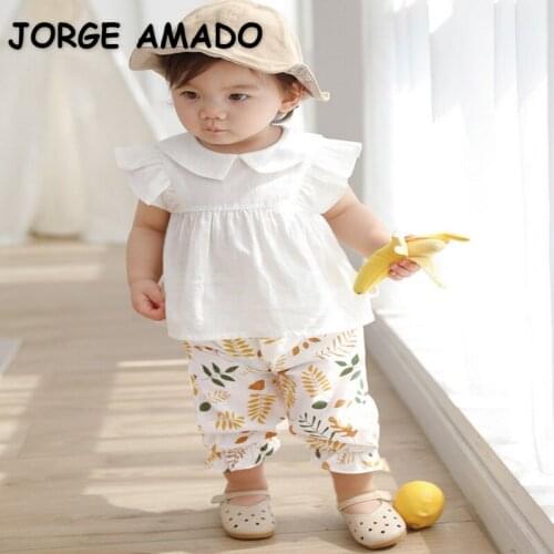 2021 New Summer Baby Girls 2-pcs Sets White Peter Pan Collar Fly Sleeves Shirts + Printed Leggings Newborn Cute Clothes E390