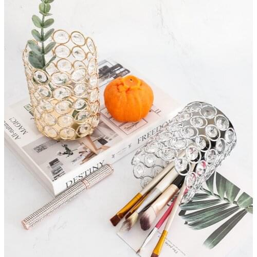 Rose Gold crystal Makeup Organizer Desktop Brush Eyebrow Pencil Storage Box Nordic Pearl Jewelry Pen Holder Decoration