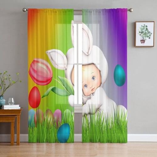Easter Baby Rabbit Eggs Flowers Tulle Sheer Window Curtains for Living Room Kitchen Children Bedroom Voile Hanging Curtain