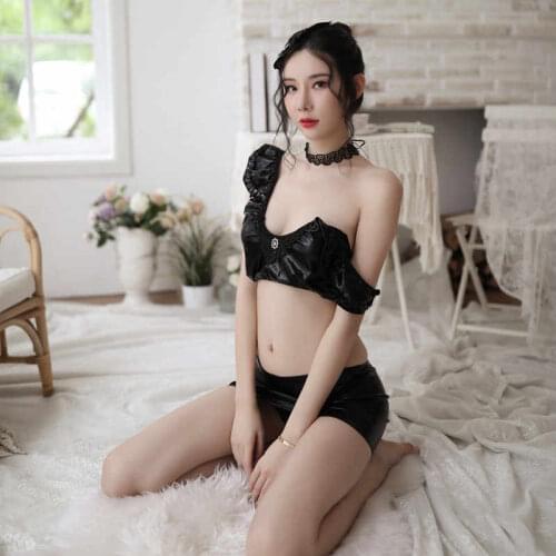 2020 Sexy lingerie womens patent leather three-point tight-fitting hip uniform temptation pajamas five-piece set