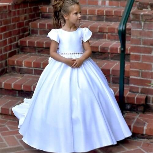 White Flower Girl Dresses For Wedding Crystal Belt Little Girls Birthday Party Pageant Gown Satin Kids Communion Dress