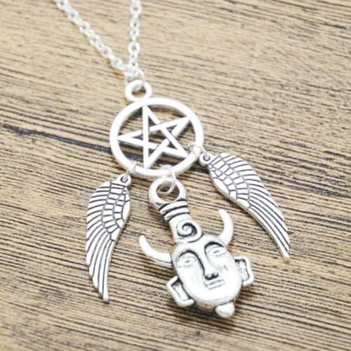 Pentagram Necklace Pendant Surrounding the evil forces Supernatural Dean Amulet Necklace Angel Wings Pendant Long Chain Necklace