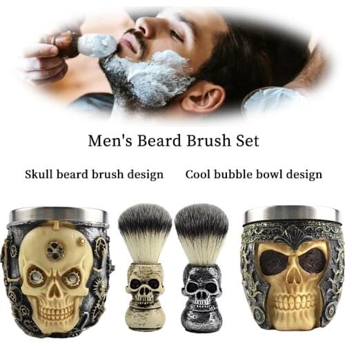Fiber resin handle beard shaving brush personality skull beard brush set, stainless steel bubbling bowl mens shaving set gift