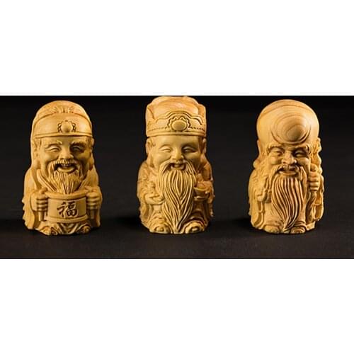 Boxwood 6cm Fu Lu Shou Sculpture Three Stars Gods of Longevity Blessing Wealth Wood Feng Shui Buddha Statue Rich Home Decor
