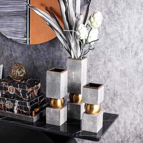 Modern Minimalist Luxury Model Room Living Room Entrance Dining Table Vase Golden Ball Leather Geometric Squear Vase Ornaments