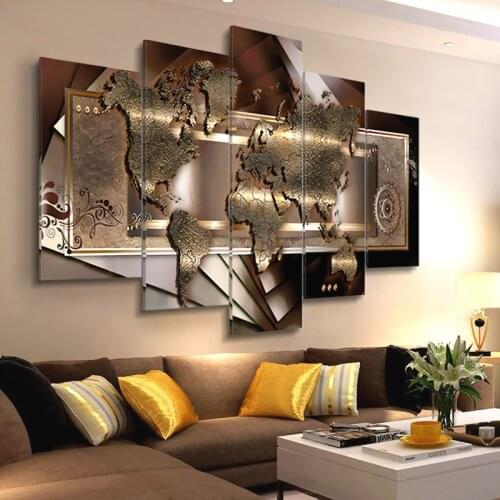 Modern Wall Canvas Painting Pictures 5 Panels World Map Posters Abstract Worldmap Print for Living Room Office Wall Decoration
