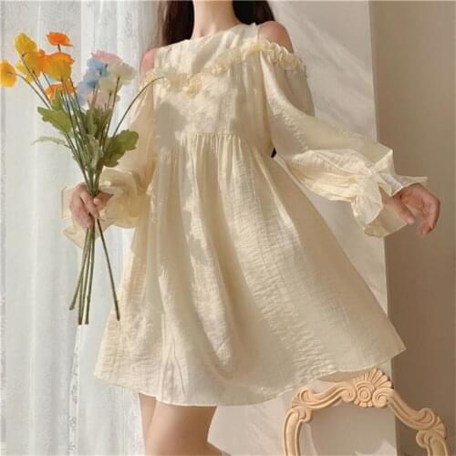 Japanese Summer New College Style Cute Soft Girly Dresses Kawaii Lace O-Neck Sweet Ruffles Lantern Sleeve Strapless Loli Dresses