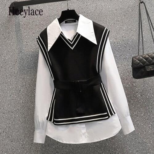 Plus Size Clothing Women 2021 Autumn Winter Ladies Suit Kint Sweater Vest Jacket Top And White Shirt Top Two Piece Matching Set