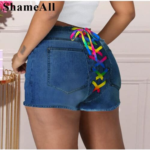 Plus Size Colorful Cross Lace Up Short Jeans 4XL Summer Rainbow Sheath Low Rise Sexy Stretch Skinny Night Club Melody Hotpants