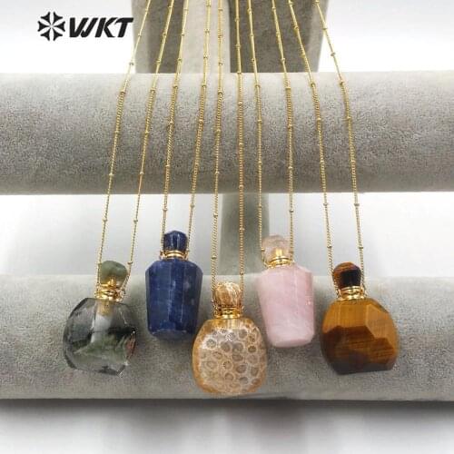 WT-N1178 Perfume Bottle Necklace Natural Stone Necklace moss stone Bottle With Gold Electroplated Chain Fashion Necklace