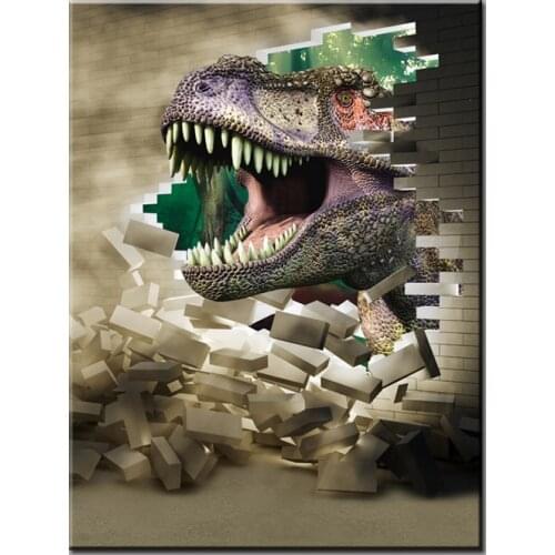 1 Piece 3D Effect Dinosaur Breaking Walls Artistic Spray Canvas Painting For Living Room Wall Decoration Unframed Painting LZ020