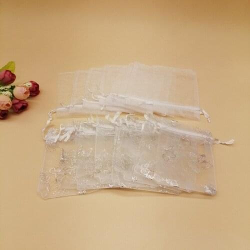 100Pcs Butterfly Jewelry Bag White Organza Sachet Bag Mini Drawstring Bags for Women Wedding Packaging Organza Bag DIY Storage