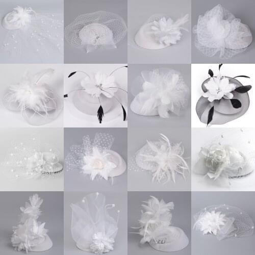 16design Women White Fascinators Flowers Church Pillbox Hats Lace Feathers Veils Hair Clips Cocktail Weddings Hairpiece