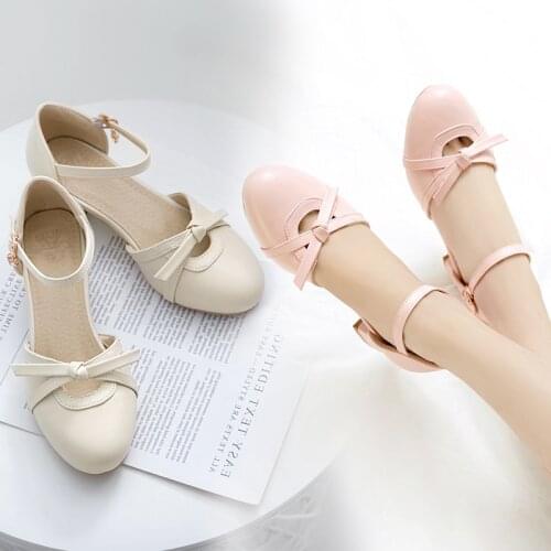 2020 Summer Ladies Pumps Chunky Heels Hollow Bow Knot Student Party Mary Jane Heel Shoes Pink White beige