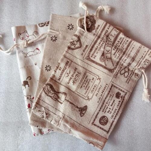 6pcs 12*17cm Cartoon printing multicolor Vintage Sack Burlap Gift Candy Bags Wedding Party Pouch Drawstring Jute Bag Supply