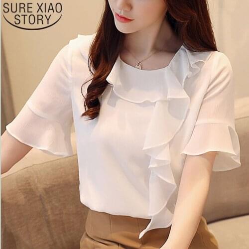 2020 New Fashion Korean Office Lady Women Tops and Blouses Solid Short Sleeve White Chiffon Blouse Blusas Mujer De Moda 8855 50