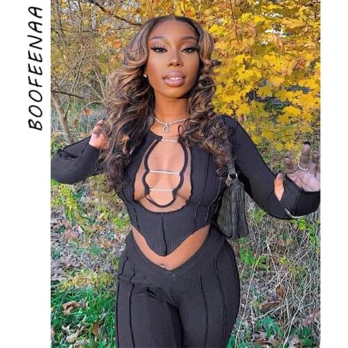 BOOFEENAA Rhinestone Mesh Spliced Ribbed Knitted Sexy 2 Piece Pants Sets Womens Club Outfits Tracksuit Matching Sets C16-DF40