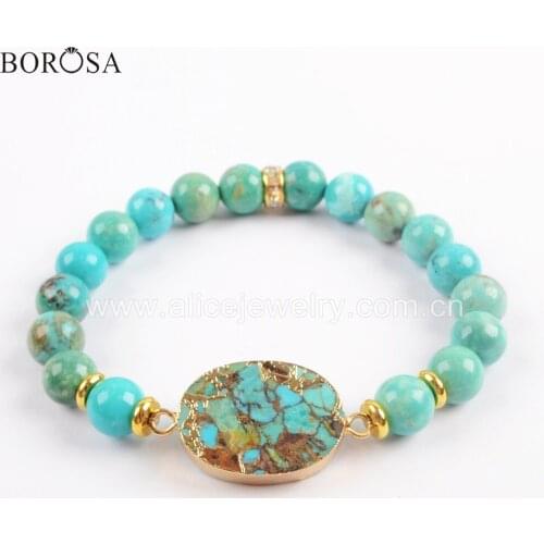BOROSA 3PCS Different Shapes Gold Color Copper Natural Turquoises With 8mm Turquoises Beads Bracelet Natural Stone Bangle G1719