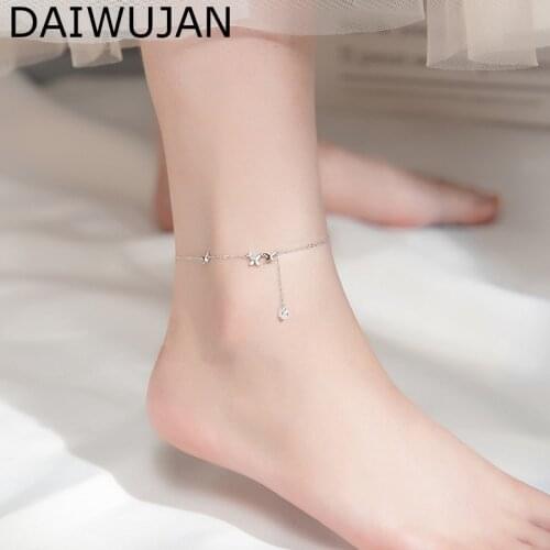 DAIWUJAN 2020 925 Sterling Silver Summer Butterfly Flower Anklets For Women Fashion Round Crystal Tassel Pendant Foot Jewelry