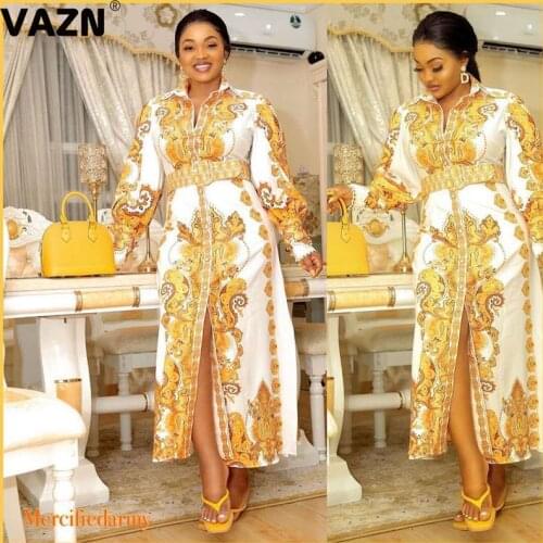 VAZN 2020 New Geometric Elements Print Elegant Holiday Dress Fashion Women Sexy Long Sleeve Shinny Vestidos For Female