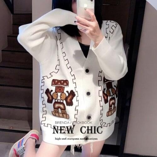 Cardigan Sweaters Fashion Robot Embroidery Loose V-neck Knit Cardigan Sweater Women Coats