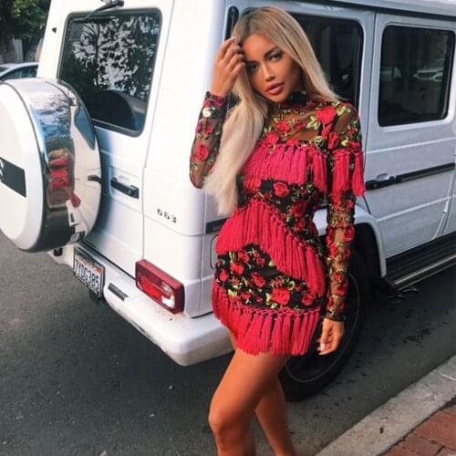 Classical Tassel Embroidery Turtleneck Long Sleeve Mini Bandage Dress