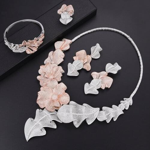 LARRAURI Charms Women Wedding Cubic Zirconia Dress Necklace Earring Jewelry Sets Luxury Geometry Leaf Flower Statement Jewellry