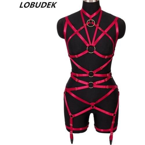 Red Elastic Bandage Belt Outfit Costume Accessories Women Sexy DJ Dancer Stage Performance Ornament Hollow Dance Clothes