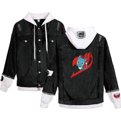 Fairy Tail Japanese Anime Cartoon Denim Jacket Men Women Long Sleeve Fake Two Pieces Cool Jean-Jackets Hoodie Streetwear Clothes