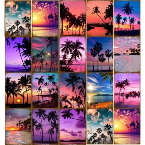 Summer Beach Coconut Sunrise Sunset Plate Tin Sign Plaque Metal Home Living Room Door Beach House Wall Decor Art Wall Stickers