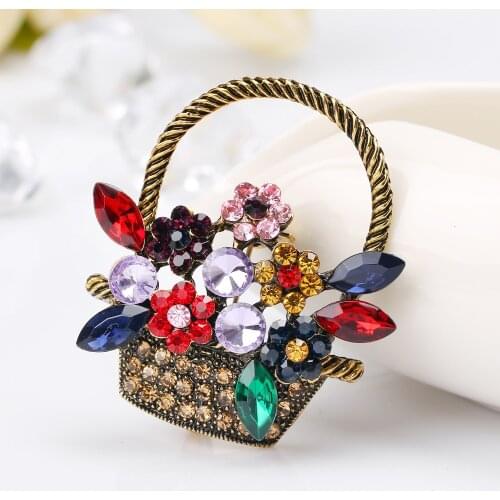 Pretty Flowers Basket Brooches with Colorful Shiny Rhinestones Women Girls Brooch Pins Fashion Jewelry Wedding Decoration