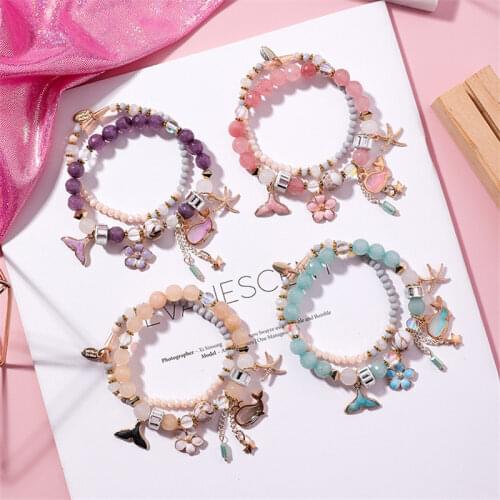 Sweet Retro Elastic Double Layer Beaded Whale Tail Flower Starfish Pendant Bracelet Bangles for Women Holiday Charm Jewelry