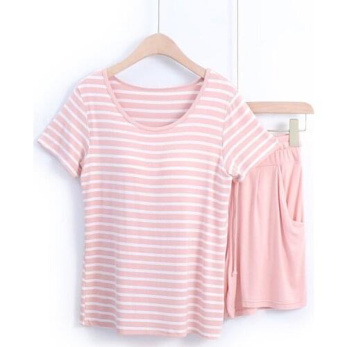 Modal Striped Pajamas For Women With Cups Two Piece Set Summer Pijama Adulto Feminino Clothing 2020 Nightwear Pyjamas