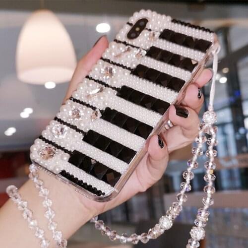Fashion DIY Pearl Diamond Black White Piano Key Crystal Chain Case Cover For iPhone 12 Mini XS 11 Pro MAX XR X 7 8 6 6S Plus SE