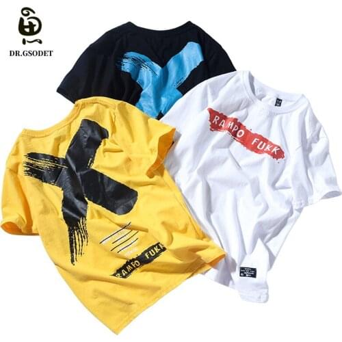 GSODET Summer Mens T-Shirt Cotton Large Size Couple National Tide Loose O-Neck Hip Hop Student Big X Print Half Sleeve