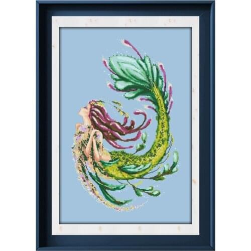 Mermaid fairy cross stitch kit beads pattern design 18ct 14ct 11ct skyblue canvas embroidery DIY needlework