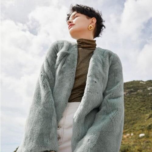 Besfunny2020 new thickened velvet slim V-neck collarless slim fur coat young