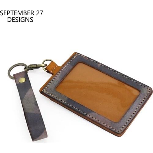 New ID Badge Holder For Office Work First Layer Leather Vintage Bus Card Holders With Keychain 100% Cowskin Tag Vertical Style