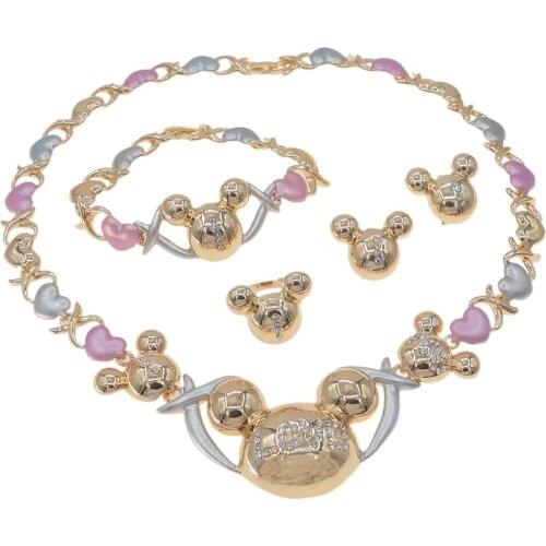 Very Cutes Pink And Gray Love Crystal Mickey Set Girl Plated Gold Necklace Bracelet Earring Jewelry Sets Stock X0175