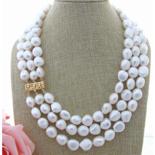 YYGEM 3 Strands AA grade 13-14mm Freshwater Cultured White Baroque Pearl Necklace 19"