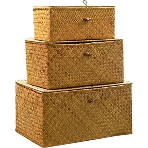 Practical Handmade Straw Woven Storage Basket with Lid Makeup Organizer Storage Box Seagrass Laundry Baskets Rattan Jewelry Box